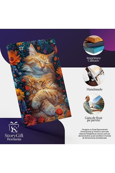 StoryGift Romania Tablou Canvas Pisicuta Cu Blana Portocalie Care Doarme Linistita Printre Floricele Cu Labutele