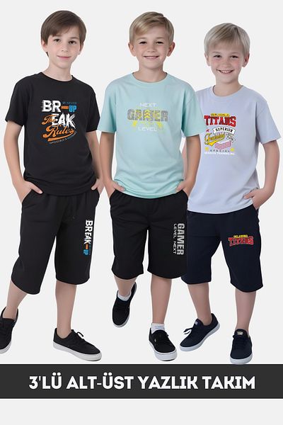 FYK KİDS Boy's Summer Slam Dunk-Gaming-Varcity Printed Bottom-Top Suit