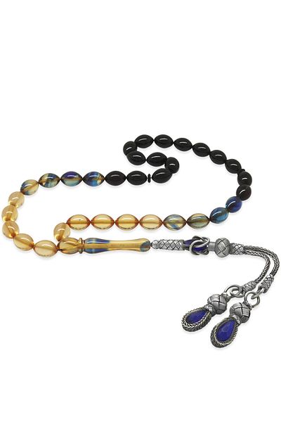 Tesbihane 1000 Sterling Kazaz Tasseled Barley Cut Filtered Blue Fire Amber Prayer Beads101001501