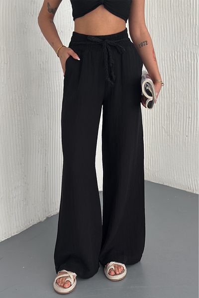 FEMELLE Pantaloni casual de damă cu talie neagră din paie, cu buzunare, cu picioare largi
