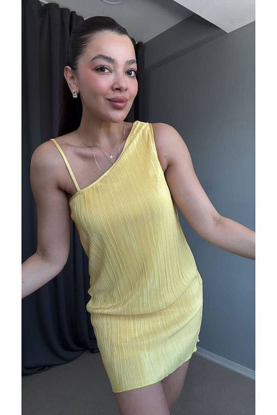 AlisaSu Yellow Pleated One Shoulder Short Dress