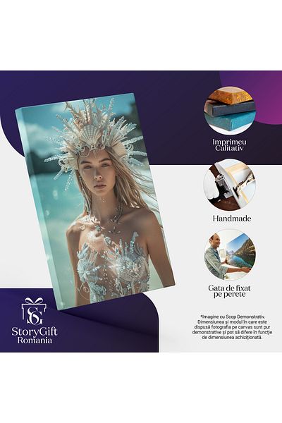 StoryGift Romania Tablou Canvas: Portret Feminin Femeie Blondă - Zeița Razelor De Soare Și A Scoicilor Pictura D
