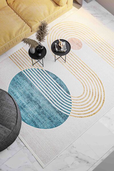 Oriente Home Figure Patterned Washable Non-Slip Base Chenille Cream Navy Blue Tile Kitchen Carpet 8333