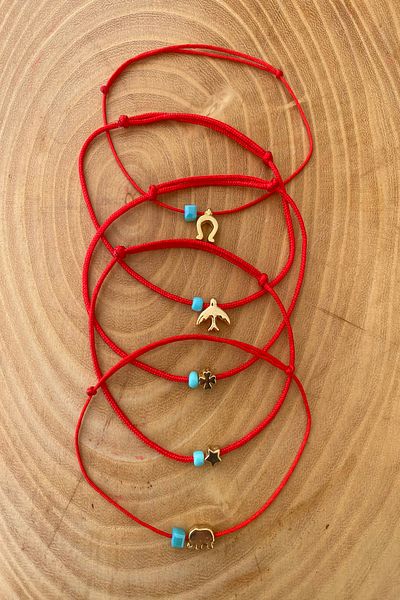 Shepidi 5'Li Blue Bead Gold Figured Red Rope Luck Bracelet