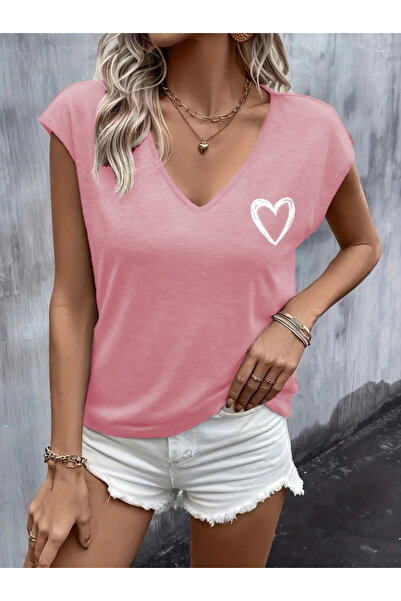 yesıl sarmasık 35 Women's Short Sleeve V Neck Heart Printed Viscose Blouse