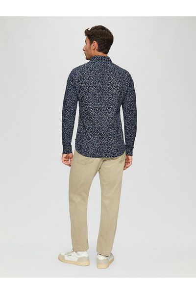 s.Oliver Men's Long-sleeved Shirt, Polka Dot Print, Slim Fit, Navy Blue, 2xl