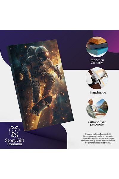 StoryGift Romania Tablou Canvas Un Astronaut Care Merge Pe Skteboard In Spatiu Langa Planete Si Meteoriti In Cos