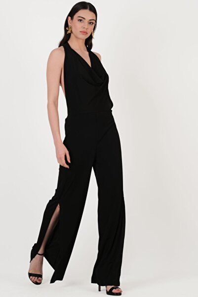 Spazio Falcon Degaje Yaka Boyundan Bağlamalı Abiye Tulum SİYAH