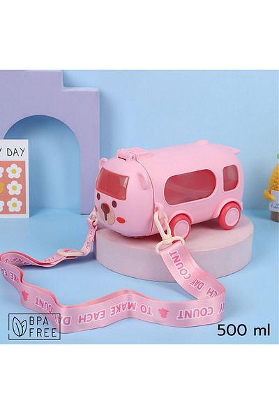 ARVALE Cute Mini Car Design Water Bottle with Straw - 500 ml |   With Wheel and Neck Strap |   Bpa Free