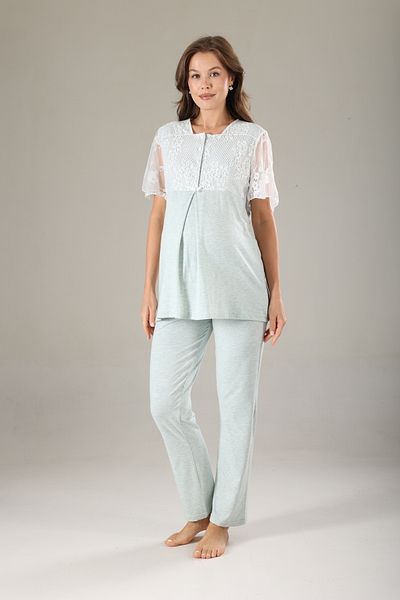 LOHOUSE Women's Water Green Melange Lace Design Cotton Maternity Maternity Dressing Gown 3-Piece Maternity Pajama Set