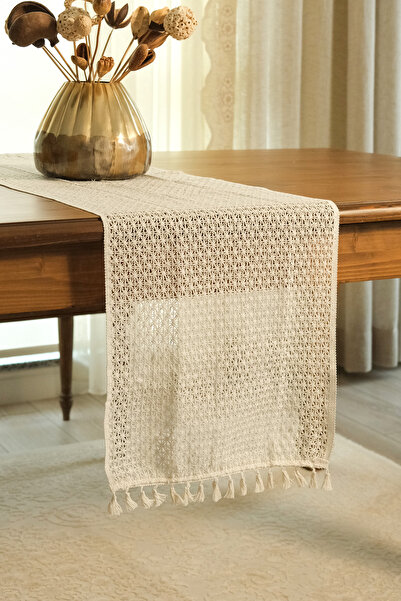 Kikharo Pamuklu Dantel Örgü Masa Runner, Püsküllü Krem Runner, 35x145 cm