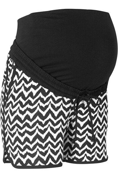 Kübra Tekstil Hamile Şort Siyah Beyaz Zigzag Desenli Pamuklu Rahat Kesim Şort Büyük Bedenli