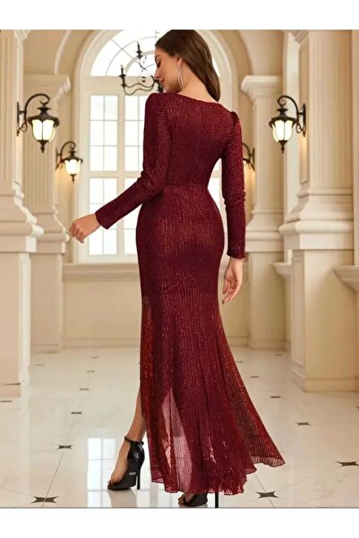 MODAS Uzun koll Kruvaze yaka pul payetli abiye elbisesi