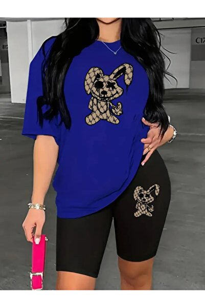 WOODROFFE Μπλουζάκι με κοντό κολάν με στάμπα κουνελιού Oversize Loose Boyfrie...