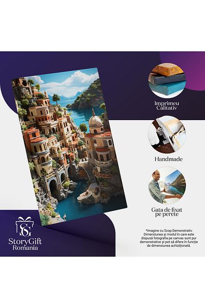 StoryGift Romania Tablou Canvas: View Landscape Catedrala In Oras Printre Munti Apa Stralucitoare Natura Pictura