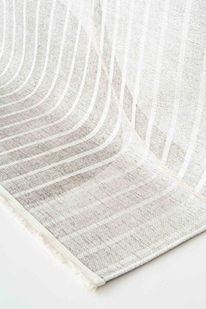 Oriente Home Abstract Patterned Washable Non-Slip Base Chenille Cream Beige Kitchen Rug 8326