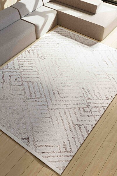 Oriente Home Soyut Geometrik Desenli Yıkanabilir Kaymaz Taban Şönil Krem Kahverengi Salon Halısı 8368