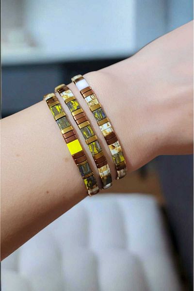 Atölye Olcay Eser Tila Miyuki Hematite Brown Yellow Tones Set of 3 Bracelets