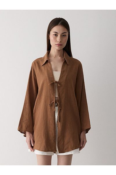 Laluvia Braune Kimono-Bluse aus 100 % Leinen mit Schnürung