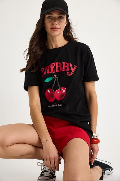 Bianco Lucci Women's Cherry Printed Oversize Basic Cotton T-Shirt 04025 60284052