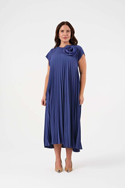 Gemko Yakası Güllü Piliseli Elbise - İndigo