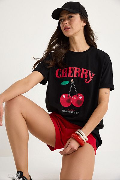 Bianco Lucci Women's Cherry Printed Oversize Basic Cotton T-Shirt 04025 60284052