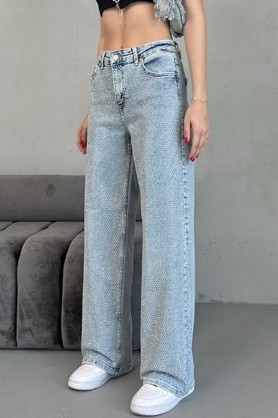 alanora Pantaloni de damă, albaștri, cu talie înaltă, mini diamante, lycra, cu picioare largi