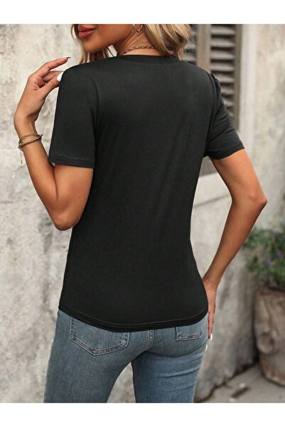 Moda Ebrar Eyesof Women's Sleeve V-Neck Viscose Blouse with Line Detail on the Shoulders