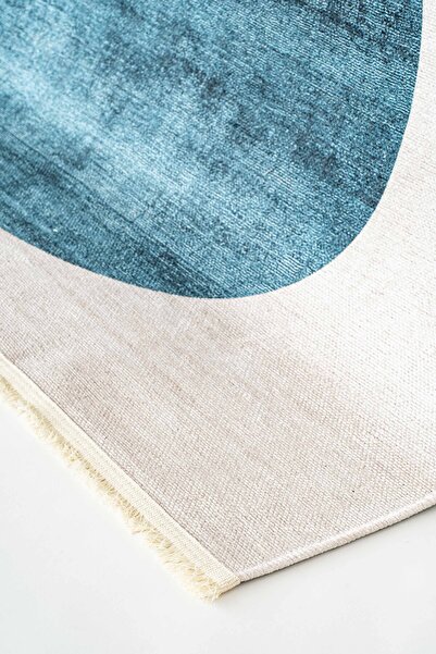 Oriente Home Figure Patterned Washable Non-Slip Base Chenille Cream Navy Blue Tile Kitchen Carpet 8333