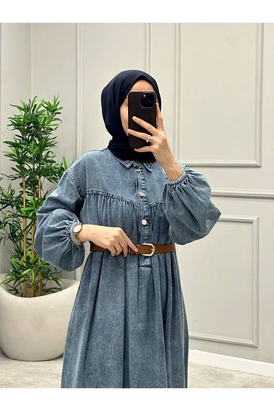OlaLady Rochie de blugi hidžáb din denim cu mâneci cu balon adunate Robadan pentru femei