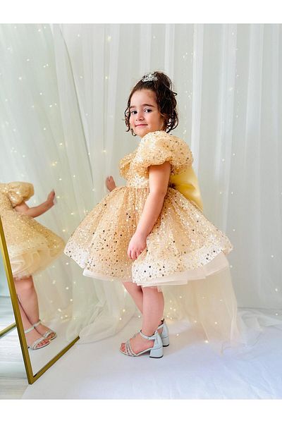 Hly Karol Tasarım Gold Yellow Stone Vintage Baby Girl Dress, Birthday Dress, Photo Shoot Dress, Suitable for 1-11 Years Old