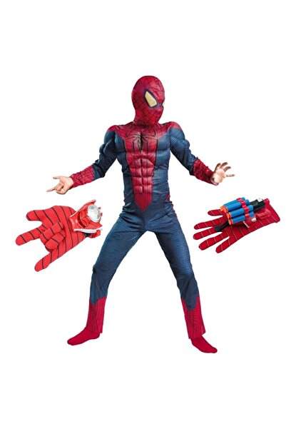 ALMİRA SOLMAZ TİCARET Costum Spiderman cu muschi Infinity War pentru copii si doua lansatoare, 110 - 120 cm 5-7 ani