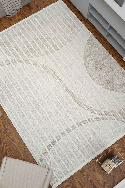 Oriente Home Abstract Patterned Washable Non-Slip Base Chenille Cream Beige Kitchen Rug 8326