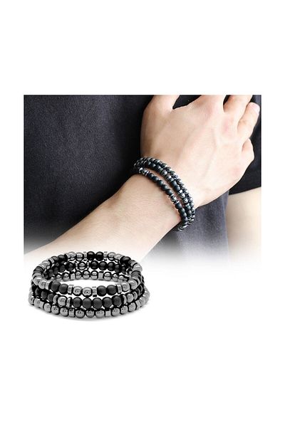 Tesbihane Globe Cut Black Onyx-Hematite Combination Natural Stone Bracelet104000547