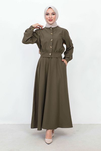 Tesettür Dünyası Buttoned Skirt Pocketed Double Suit TSD231113 Khaki