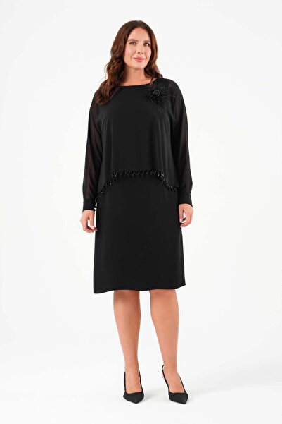 Gemko Chiffon Beaded Blouse Dress Set - Black