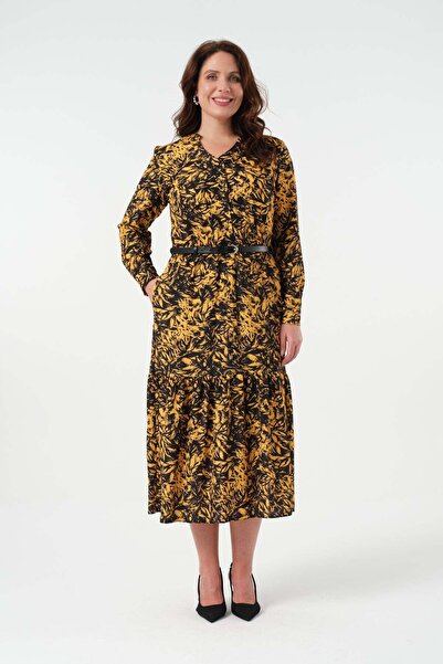 Gemko Desenli Önden Düğmeli Kemer Detaylı Elbise - Safran