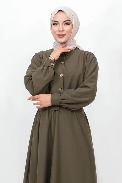 Tesettür Dünyası Buttoned Skirt Pocketed Double Suit TSD231113 Khaki