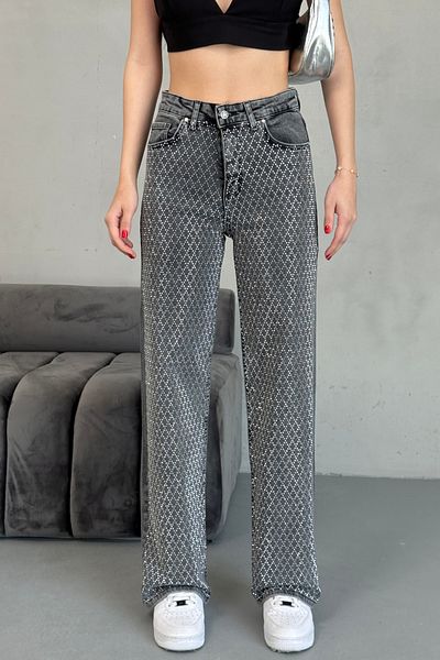 alanora Pantaloni de damă cu talie înaltă afumati, mini diamante, lycra, cu picioare largi