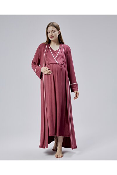LOHOUSE Kadın Bordo Biyeli Pamuklu Lohusa Hamile Gecelik-Sabahlık 2'li Set