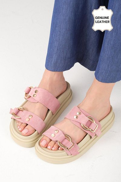 Mio Gusto Gretel Genuine Suede Powder Color Double Buckle Women's Slippers