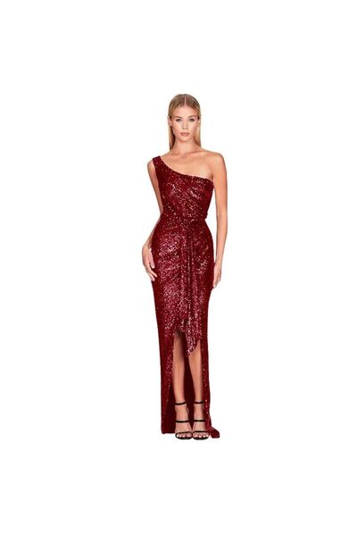 MODAS TEK OMUZLU YIRTMAÇLI UZUN  PUL PAYET ABİYE ELBİSE