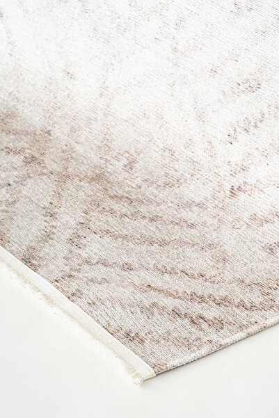 Oriente Home Soyut Geometrik Desenli Yıkanabilir Kaymaz Taban Şönil Krem Kahverengi Salon Halısı 8368
