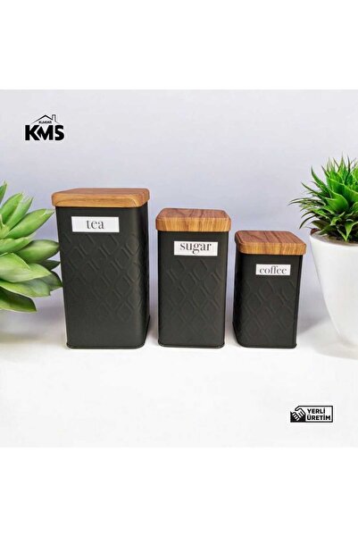 kmskumsar Ahşap görünümlü kapak metal 3'lü çay şeker kahve saklama kabı