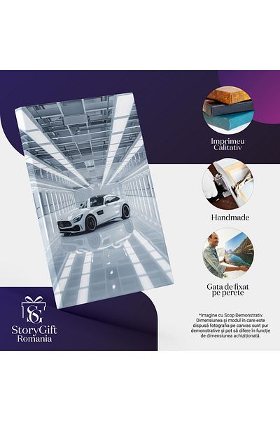 StoryGift Romania Tablou Canvas Mercedes Amg Gt Masina De Culoare Alba Lucioasa Parcata Intr-o Camera Luminoasa