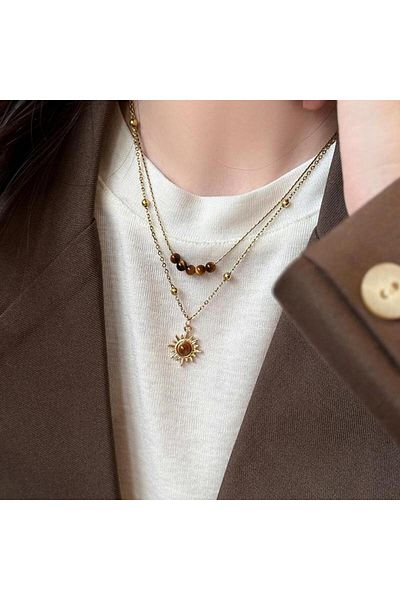 Hilosh Maillard Sunflower Brown Tiger Eye Retro Stone Women's Necklace