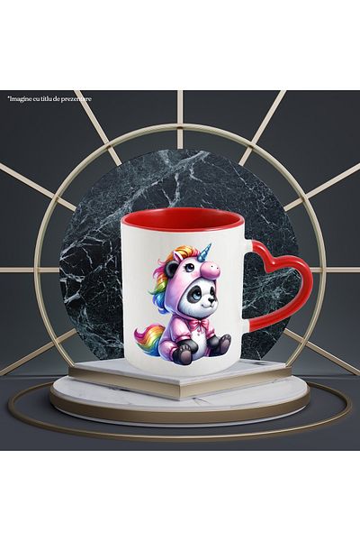 StoryGift Romania Mug with a cheerful, curious Panda bear, illustration, dressed as a unicorn, for children, With,STG.