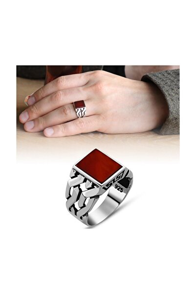 Tesbihane Zincir Tasarım Kırmızı Akik Taşlı 925 Ayar Gümüş Erkek Yüzük 102000576