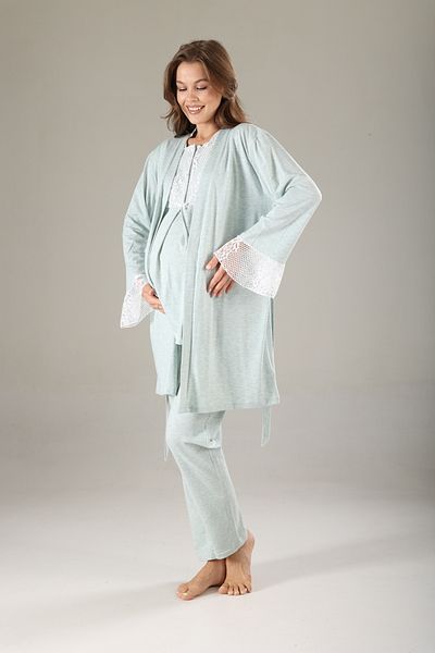 LOHOUSE Women's Water Green Melange Lace Design Cotton Maternity Maternity Dressing Gown 3-Piece Maternity Pajama Set