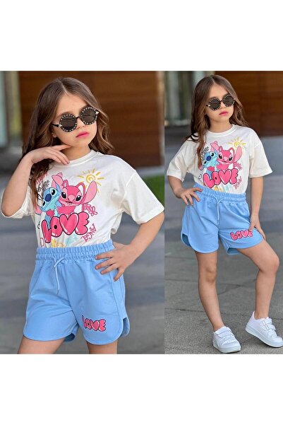 RAPAPA Girl's Stitch Printed Love T-Shirt and Shorts Set - Blue & White 7207m